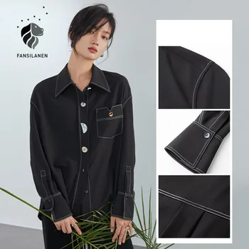 FANSILANEN Mood nuppu, kuni must pluus Naiste särk pikad varrukad kevadel liiga casual särk Naiste office daamid elegantne top