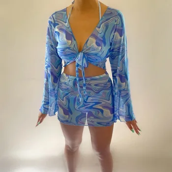 Võre Tie Dye Printimiseks Pikad Varrukad Crop Top Naiste Sidemega T-Särgid 2021 Suvel Läbipaistev Beach Näha Läbi Y2K Sexy Bikini