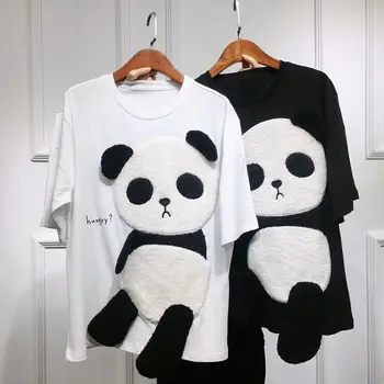 2021 Suvel Uusim Panda Cartoon Muster Puuvill Lühikese Varrukaga T-Särk Naiste Lahtised Õpilane Tikitud Top