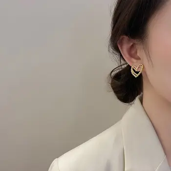 Korea Vintage Geomeetriline Metallist Rhinestone Südame Kõrvarõngad Naistele Tüdrukud Armas Õõnes Armastus Kuju Trendikas Partei Ehted