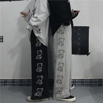 HOUZHOU Cartoon Prindi Valged Laiad Püksid Kottis korea Stiilis Püksid Naiste Streetwear Spring Fashion Streetwear Sweatpants Naised