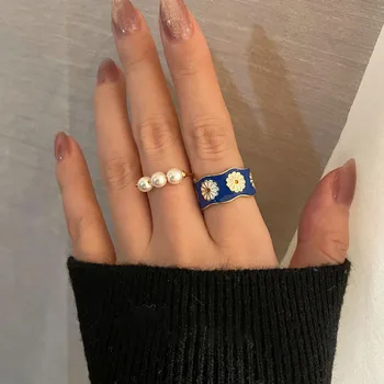 Prantsuse Jaapani Emailiga Vintage Sõrmustes Naiste Blue Daisy Kuld Messing Ringi Ehted Daamid Magus Kingitus