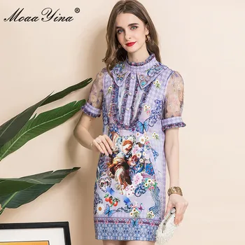 MoaaYina moekunstnik Suvel lilla Lühike Kleit Naiste Stand-up krae Profileerimine Õie printida Vintage Poole Mini Kleit