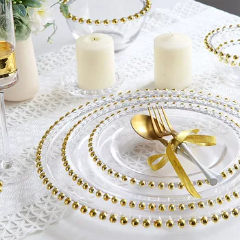 Golden Beads Dekoratiivsed Õhtusöök Plaadid Euroopa Kaasaegse Läbipaistev Klaas Praad Pasta Plaat Teenindavad Plaat Kodus Köögi-Ja Lauanõud
