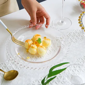 Golden Beads Dekoratiivsed Õhtusöök Plaadid Euroopa Kaasaegse Läbipaistev Klaas Praad Pasta Plaat Teenindavad Plaat Kodus Köögi-Ja Lauanõud