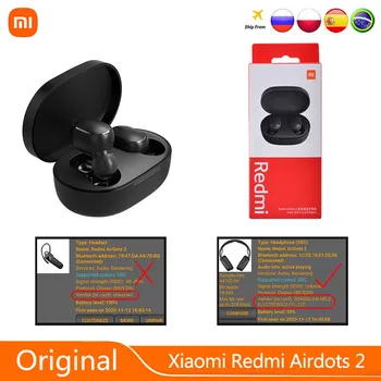 Algne Xiaomi AirDots 2 TWS Peakomplekt Redmi Airdots 2 Juhtmevaba Bluetooth Kõrvaklapid, In-Ear Stereo, Bass Earbuds Auto Link Kõrvaklapid
