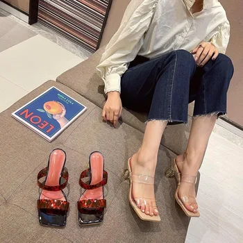 Suvel Retro Sandaalid Naised Kannavad Isiksuse Pvc Läbipaistev Sõna Erilise Kujuga Kanna Kõrge Heeled Fashion Square Sussid