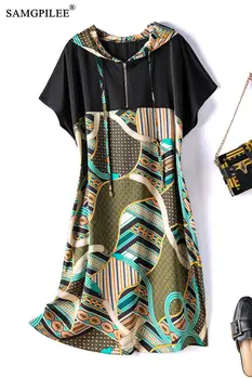 Suvel Kleidid 2021 Uue Geomeetrilise Mustriga Mosaiik Kapuutsiga Krae Retro Lühikeste varrukatega Põlve Pikkus Pluss Suurus Naiste Kleit 4XL