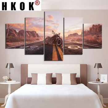 HKOK 5 Paneelid Maantee Route 66 Mootorratta Sõiduki Modulaarne Lõuendile Maali Prindi Plakat Seina Art Pilte elutuba Home Decor