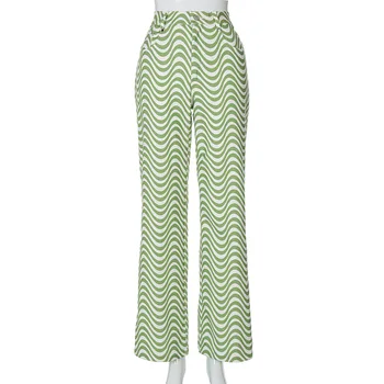 Kefira Roheline Triibuline Printimine Kõrge Vöökoht Püksid Naiste Vabaaja Pikad Püksid Korea Stiilis Mood Uus 2021 Streetwear Pikad Püksid