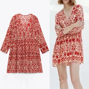 TRAF Za Punane Trükitud Mini Kleit Naiste Ruffle V Kaela Lühikesed Kleidid Naine Suvel 2021 Vintage Pikad Varrukad Beach Kleit Lady