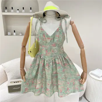 Lõuna-Korea Fashion Naiste Suvine Varrukateta Päitsed Lilleline Kleit Elegantne Määratletud Talje Särk, Tuunika Kleit Daamid Dames Streetwear