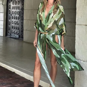 2021 Boho Prindi Sifonki Kleit Seksikas trikoo Cover-ups Pluss Suurus Randa Kannavad Kimono Kleit Naiste Suvel Ujumistrikoo varjata