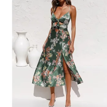 Mood Varrukateta Õie Printida Seksikas Mahavoolanud Beach Kleit 2021 Naiste Backless Õõnes Välja Poole Vestidos Mujer