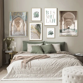 Mint Roheline Islami Seina Art Mošee Koridori Lõuendile Maali Pilte Plakati Print Elutuba Kodu Kaunistamiseks