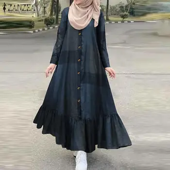 ZANZEA Vintage Vaadata Moslemi Kleit Naiste Sügis Sundress 2021 Vabaaja Pikad Varrukad Ruffle Vestidos Naine Nuppu Trükitud Rüü