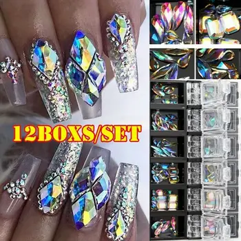 12 Box 3D AB Teemant Kalliskivid Küünte Sära Rhinestone Kristall Klaas Nail Art Decor