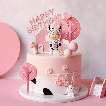 Roosa lehm Beebi Õnnelik Farm Cake Toppers lapsele sünnipäev kook Laste Päev Osaline Beebi Sünnipäevaks Asjade Armas Kingitusi