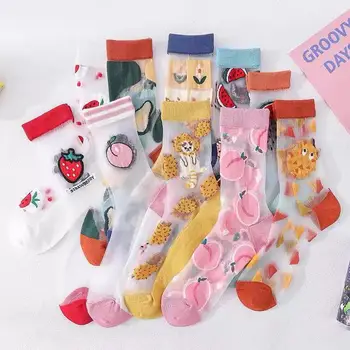 Jaapani Korea Uuendus Harajuku Stiil Casual Läbipaistev Kristall Silk Trend Naiste Sokid Cartoon Puu-Üliõhukesed Klaas Silk sokk