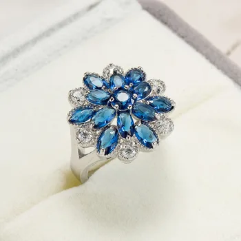 Anillos Yuzuk Klassikaline Halo Loodud Sapphire Engagement Rõngad Naiste Sterling Hõbe 925 Sinine Kalliskivi Ring Hulgimüük