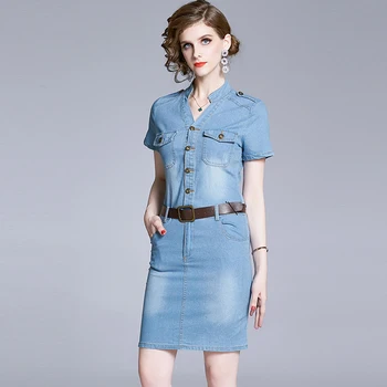 Elegantne Vintage Naine Suvel Bodycon Denim Kleit Koos Vöö 2020. Aastal Streetwear Lühikesed Varrukad Põlve Pikkus Pliiats Kleidid, Teksad Naine