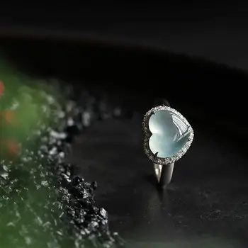 Looduslik jää chalcedony armastus südame-kujuline teemant avamine reguleeritav rõngas Hiina retro võlu naiste brändi hõbe ehted