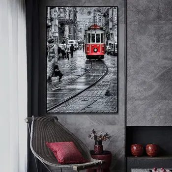 Punane Tramm Tänaval Lõuendile Maali Prindi Seina Art Pilt Elutuba Home Decor Seina Kaunistamiseks Frameless