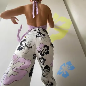 Hibiscus Prindi Püksid Naiste Suvel Muster, Kõrge Vöökoht Teksad, Vabaaja Naine Maja Streetwear Sunny Y2K Mood Püksid Püksid