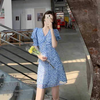 COIGARSAM Õie Printida Naised ühes tükis kleit-korea, Uus Suve Sifonki Puhvis Varrukad Kleidid Roosa Sinine 5810