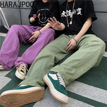 Harajpoo Paar Pant 2021 Kevad Sügis korea INS Trendikas Hip-Hop High Street Lahti Sirge Levinud Mõtlematu Tahked Värvi Teksad