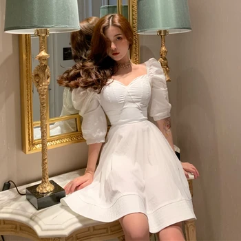 Suvel Naiste Printsess Stiilis Mini Pool Kleit V Kaela Slim Must Valge Korea Stiilne Lühike Kleit Puhvis Varrukad Elegantne Lolita Kleit